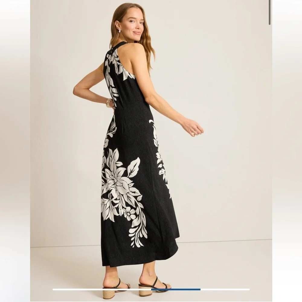 Tommy Bahama Midnight Sea Halter Maxi Dress Black White Floral Resort L NEW - Picture 2 of 12